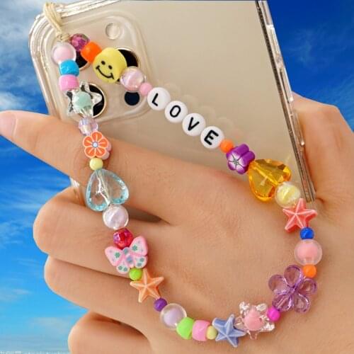 New Ins Rainbow Butterfly Flower Letter Smiley Phone Chain Crystal Heart Beads Vintage Keychain Charms Y2K Accessories Friends