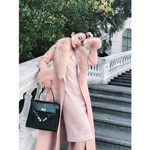 Rf2046 New Arrival Pink Hand Sewed Womans Wool Coat Real Fox Fur Collar Cuffs Natural Fur Double Faced Woolen Coat for Ladies