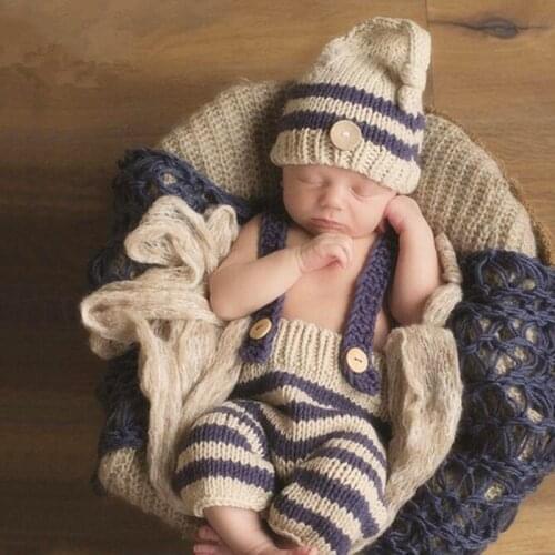Newborn Photo Props Baby Costume Photography Baby Boy Accessories Cute Baby Crochet Hat+Suspenders Set Baby Photography Props