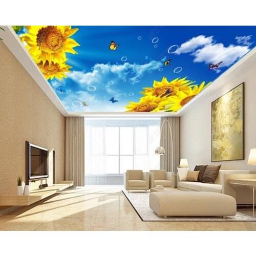 Custom Large Ceiling Mural Wallpaper 3D Blue sky and white clouds floating fragrant sunflower Photo Mural Ceiling Wallpapers
