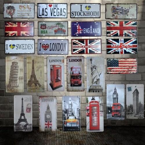 [ WellCraft ] Travel LONDON PARIS USA BUS Italy License plate signs Wall Plaque Poster Decor for Cafes UK Painting HY-1712