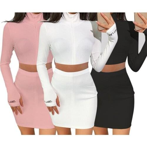 WJFZQM Turtleneck Zippers Long Sleeve Crop Tops Skirt 2 Two Pieces Set 2021 Spring Autumn Women Fashion Streetwear 2 piece set
