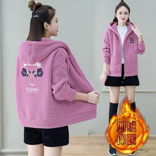 Imitate Lamb Velvet Miss Thicken Keep Warm Hoodie Winter New Loose Female Outerwear Hooded Printing Plus Velvet Ladies Jacke