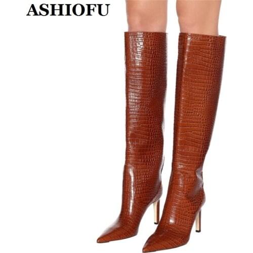 ASHIOFU New Classic Handmade Ladies High Heel Boots Shinny Faux-leather Party Prom Knee Boots Sexy Evening Club Fashion Boots