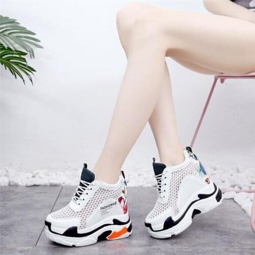 2020 Summer Breathable Mesh Sneakers Hidden Increasing Women Shoes 12CM Heels Wedge Casual Shoes Bling High Platform Heels Shoes