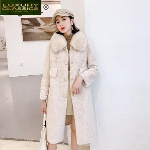 Fur Coat Female Real Natural Fox Fur Collar Long Sheep Shearing Jacket Women Korean Vintage 100% Wool Coat Top Hiver 2012