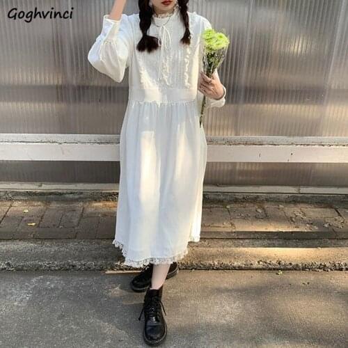 Women Lace Patchwork Dresses Gentle Princess French Style Fresh White Long Sleeve Loose Comfort Teenagers Trendy Females Popular