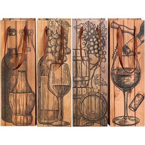 2020 New Vintage Wine Bags Durable Wood Grain Coated Tote Box Thicken Paper Red Wine Bottle Bag
