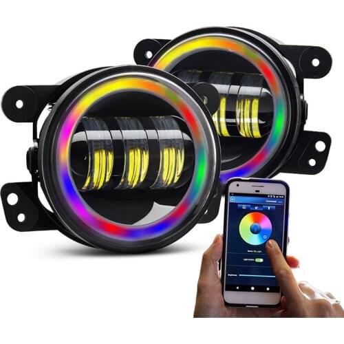 4 Inch Fog Light RGB Halo LED Angel Eyes Lamp Mount with Bluetooth Function For Jeep Wrangler JK JKU TJ LJ