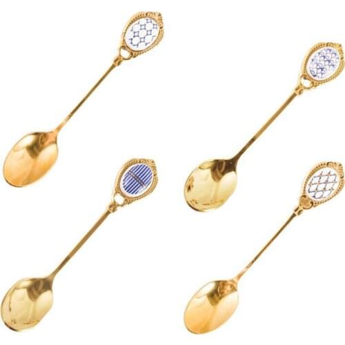 4PCS Stainless Steel Spoons Inlay Ceramic Handle Coffee Scoop Vintage Gold Color Dessert Spoon Elegant Cake Scoop
