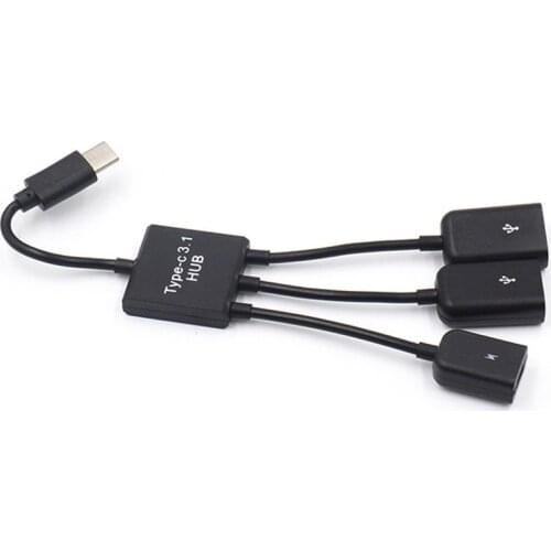 3 In 1 Micro USB HUB Male To Female Double USB 2.0 Host OTG Adapter Cable Converter Extender Universal for Mobile Phones Black