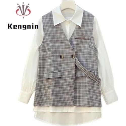 Oversized Loose Women Long Sleeve Shirts + Plaid Sleeveless Vest Two Piece Set Female Elegant Autumn Lady Blouse Clothing KE1660