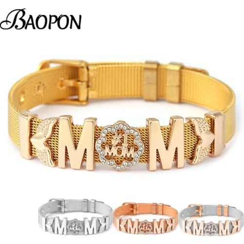 Gold Color 10mm Feather Stainless Steel Mesh Bracelet With I LOVE MOM Charm Slide Beads Bracelets For Women Mother Jewelry Gift