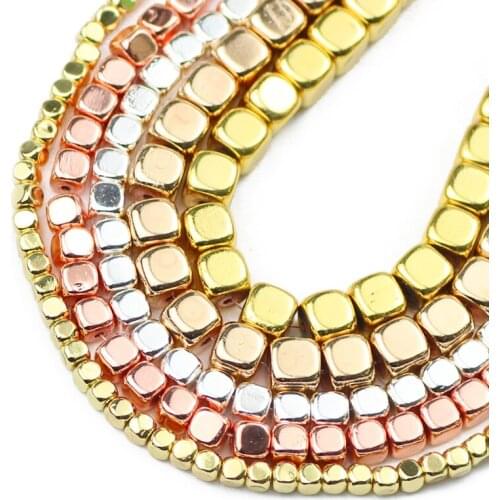 Rose Gold Silvers Cube Square Hematite Natural Stone Spacer Loose Beads For Jewelry Making Diy Bracelets Accessories 2/3/4/6MM