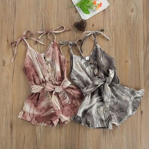 Children Tie-dye Sling Romper with Ruffles, Girls Sleeveless V-neck Short Jumpsuit with Waistband