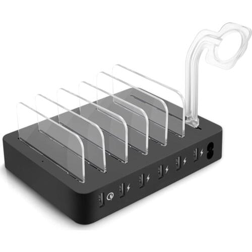 USB Charger Quick Charging Station Dock 6 Port 2.4A QC3.0 40W Mobile Phone Tablets Watch Multiple Organizer Desktop Stand Holder