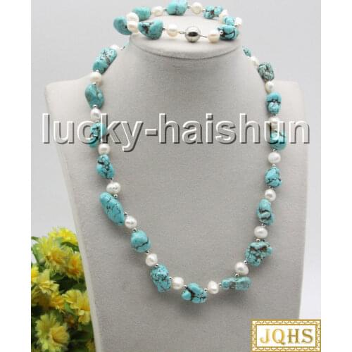 Natural Baroque 18" 8" white pearls blue turquoise necklace bracelet set c33