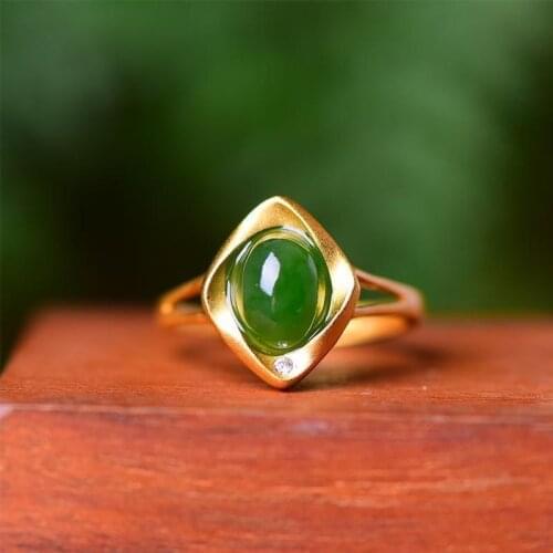 Natural Hetian Jade Green Jade Ring S925 Ancient Gold Palace Egg Noodles Spinach Green Refined Grace Ring Ornament for Women
