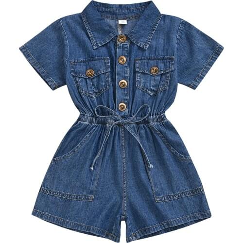 2020 Toddler Kids Girls Rompers Outfit Playsuit Short Sleeve Blue Denim Jumpsuit Romper Summer Clothes