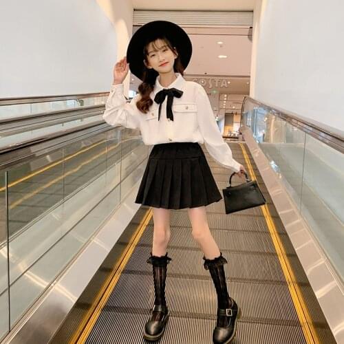 2021 Girl Sets Spring Autumn Teen Girl Tops Shirts and Black Skirt 2 Pcs Suit Children Outfits Boutique Kids Clothing 4-14Y