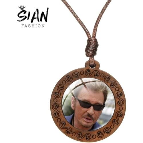 SIAN Cool Johnny Hallyday Handsome Picture Necklace Novelty Wooden Pendant Hot Rock Music Singer Glass Dome Pendant Fans Jewelry