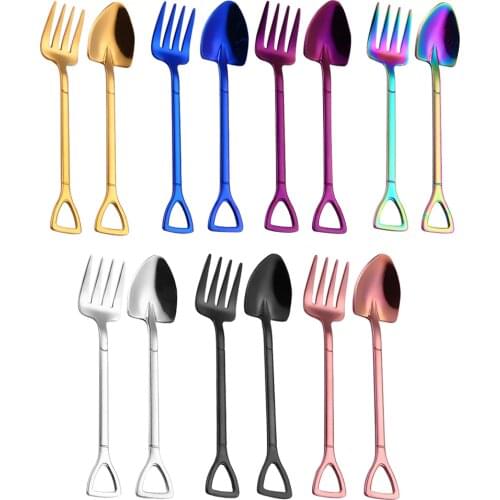 Creative Stainless Steel Shovel Shaped Spoon Fork Colorful Rose Gold Tableware Long Handle Coffee Spoon Teaspoon Stirring Spoon
