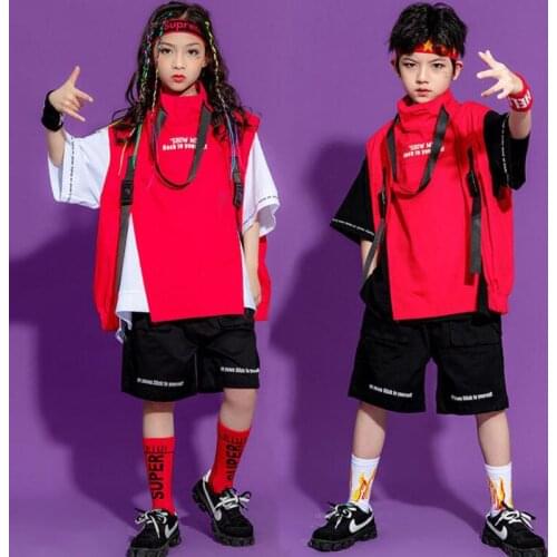 Kids Cool Hip Hop Vest Sleeveless Tops Coat Cargo Shorts Clothing For Girls Boy Concert Clothing Jazz Dance Costume Clothes Wear