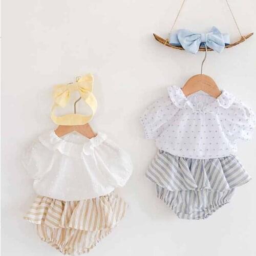 Summer Baby Newborn Clothes Girls Baby Clothing Lotus leaf collar top + striped skirt pants + hair band Outfits Set 3PCS