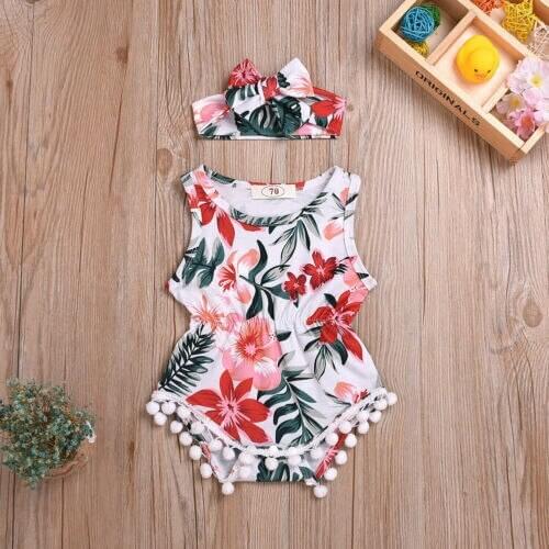 Toddler Baby Girl Summer Flower Ruffle Romper Bodysuit Jumpsuit +Printed Bow Headband Outfit Clothes 0-18M