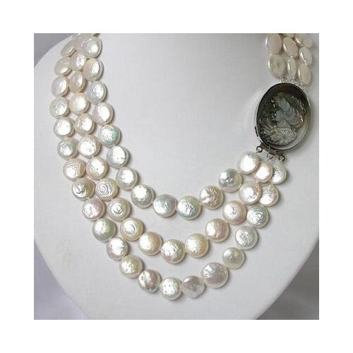 19" 14mm 3strands white coin freshwater pearl necklace
