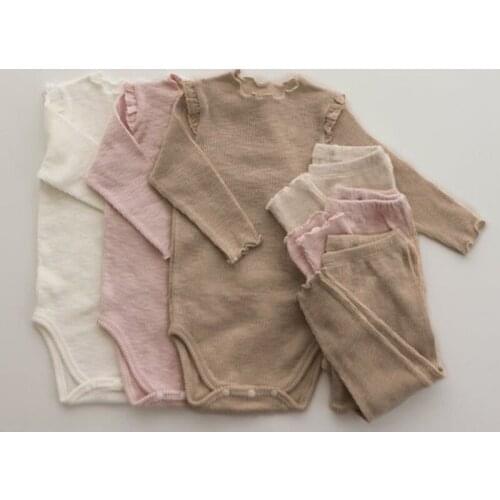 Korean Style Spring Autumn Toddler Baby Girl Boys Pajamas Suit Cotton Solid Jumpsuit+Pants Infant Baby Girl Boys Clothes Set