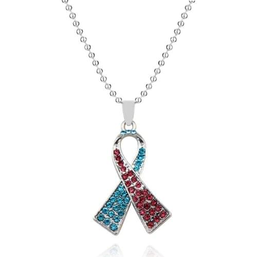 Alloy Metal Pink Crystal Breast Cancer Awareness Ribbon Pendant Necklace