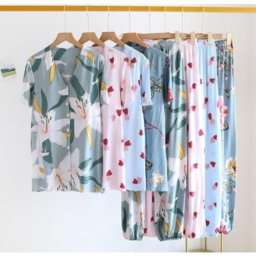 Multicolor Printing with Chest Pad V-neck Ladies Pajamas Set 2021 Summer Soft Viscose Fabric Casual Home Wear Conjuntos De Mujer