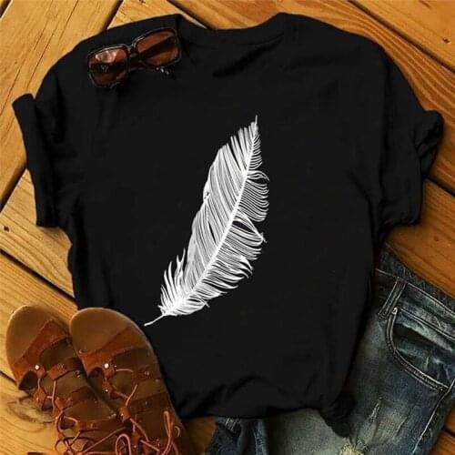 2021 Fashion Casual Harajuku Blouse Women Feather Print Loose O Neck Short Sleeve Elastic Stretched Summer Home Ladies Blouse