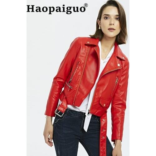 2019 Autumn Black Pu Leather Jacket Women Red Motorcycle Coat with Sashes Short Faux Leather Biker Jacket Zipper Jacket Female