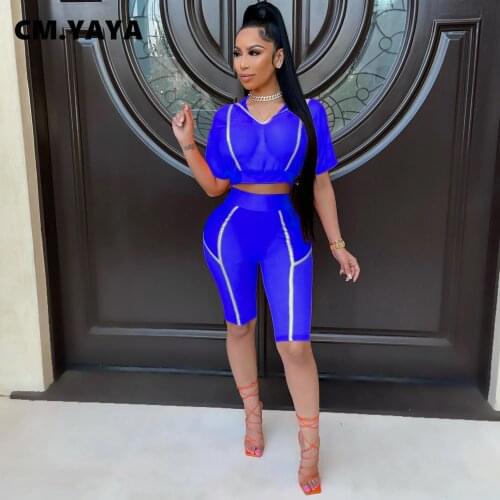 CM.YAYA Women Set Solid Mesh See-through Short Sleeve Crop Tops Sheath Elastic Knee Length Shorts 2 Piece Set Tracksuit Outfits