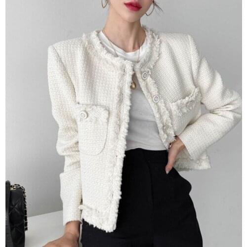 Korean Chic Black Round Neck Stitching Chic Single Breasted Loose Pocket Woolen Tweed Jacket Coat Female Tide 2021 X858