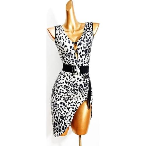 Women Latin Dance Dress Sleeveless V Neck Leopard Dancing Practise Cloth Samba Tango Chacha Stage Performamnce DL553