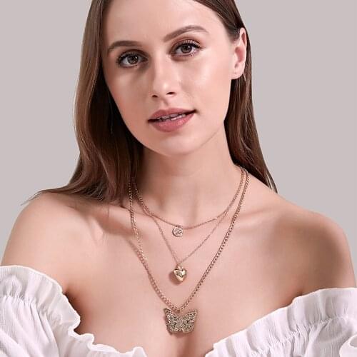 Hollow-out Butterfly Heart-shape Pendant Neck Choker Women Fashion Mini Alloy Neck Chain Three Layer Charming Necklace Jewelry