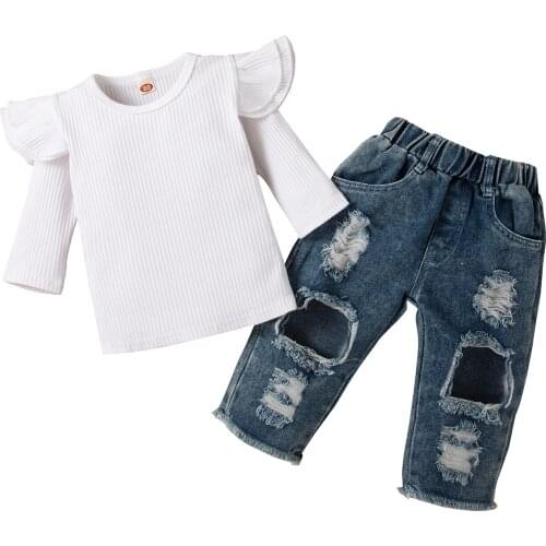 Ma&Baby 1-6Y Children Kid Girls Clothes Set Knitted Ruffles Tops Denim Pants Jeans Outfits Autumn Spring Costume DD88