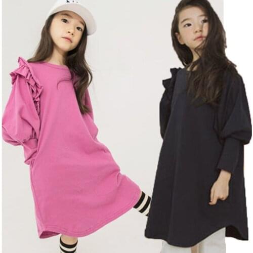 Back to school clothes autumn teenagers kids dress for girls lantern sleeve dress girl children purple black sweatshirts dress