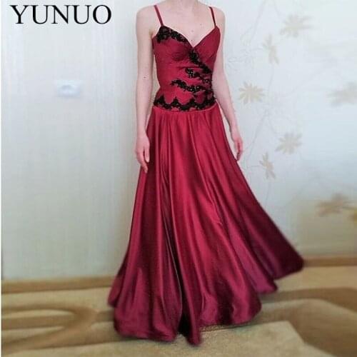 Elegant A-line Evening Dresses Spaghetti Straps V-neck Vestido De Formal With Black Appliques Formal Party Dress Lace Up Back