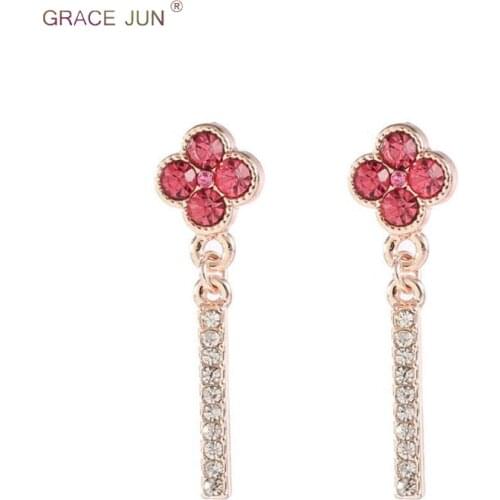 GRACE JUN New Full Rhinestone Crystal Clip on Earrings and Fashion Luxury Drop Pierced Earrings Cute Jewelry Korea Style
