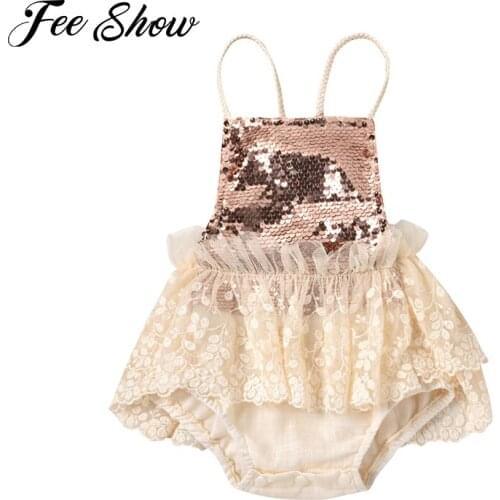 FEESHOW Summer Princess Newborn Baby Girls Elegant Lace Crochet Sequins Sleeveless Romper Jumspuits Tulle Dress Outfits 0-24M