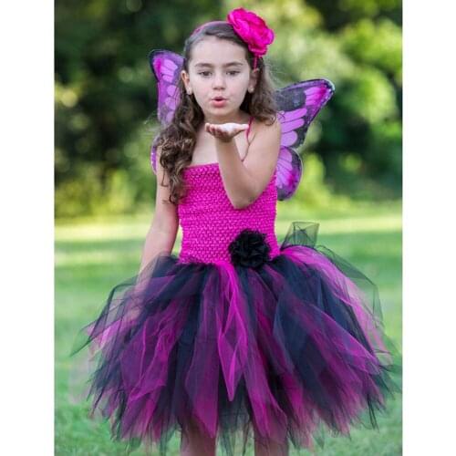Black and Hot Pink Fairy Princess Cosplay Girl Tutu Dress for Halloween Party Butterfly Inspired Costume Kids Baby Tutu Dress