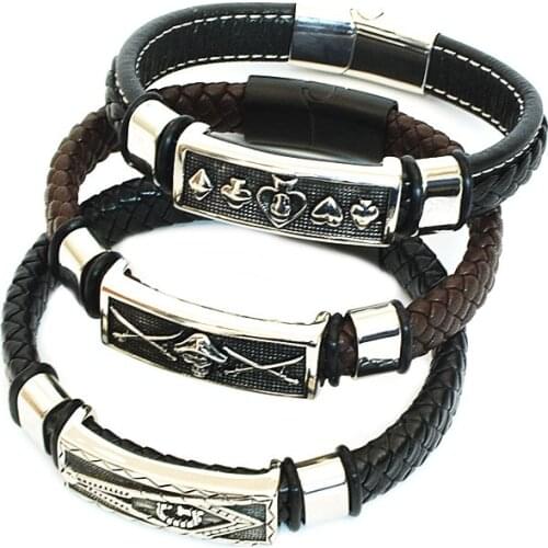 Masonic Leather Men Bracelet Hand-Made Braided Bangles Heart Hexagram Skull Bracelets Magnetic Wristband Males Jewelry