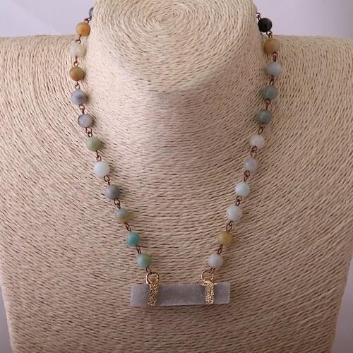 MOODPC Free Shipping Amazonite Stones Bohemian Tribal Jewelry Rosary Chain With Rectangle Druzy Pendant Choker Short Necklace
