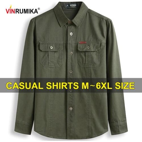 Big Size M-6XL Europe Military Style Mens Casual Brand 100% Cotton Khaki Shirts Spring Autumn Man Army Green Long Sleeve Shirt