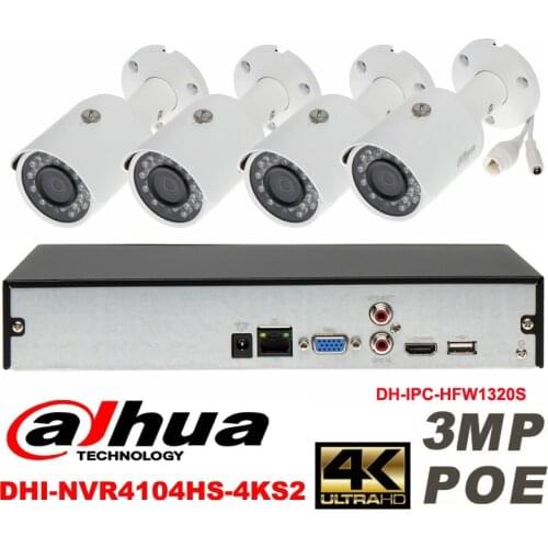 Dahua original 4CH 3MP H2.64 DH-IPC-HFW1320S 4pcs bullet IP security camera POE DAHUA DHI-NVR4104HS-4KS2 Waterproof camera kit