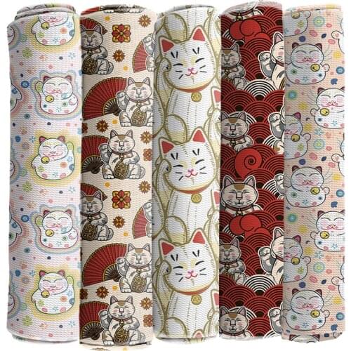 Print Polyester Fabric Bubble Fabric Lucky Cat for DIY Curtain Pillow Sewing Cloth Home Textile 50*145cm